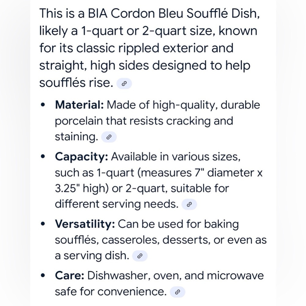 BIA Cordon Bleu 1 Quart Ceramic Blue/White Soufflé Ramekin EUC - Picture 5 of 6